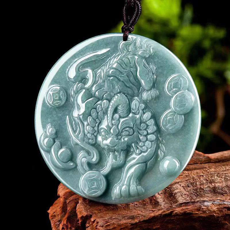 

JiaLe/Hand Carved/ Natural Jade Blue Water Attracts Wealth Pixiu Necklace Pendant Fashion Emerald Personalized Men Women Amulet