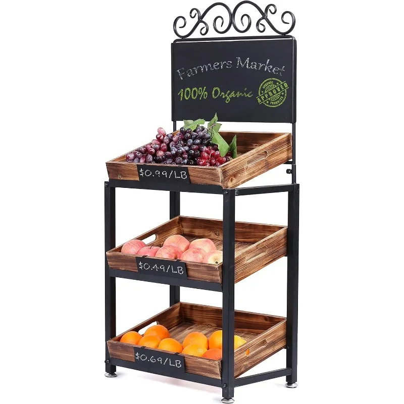 

Vintage Metal Freestanding Fruit and Produce Stand with 3 Tiered Burnt Wood Tray Display Shelf and Decorative Chalkboard