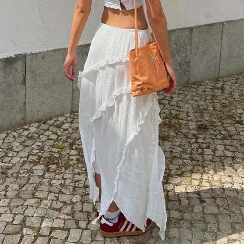 KNOW DREAM White Trim Midi Skirts Women Split Low Waisted Tie Up Long Skirts Women Fairycore Summer French Skirts Holiday Beach