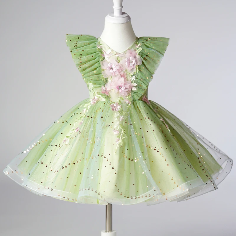 

D8906 Summer New Mesh Princess Dress Children's Dress Performance Green Tailcoat Girl Flower Children's Wear