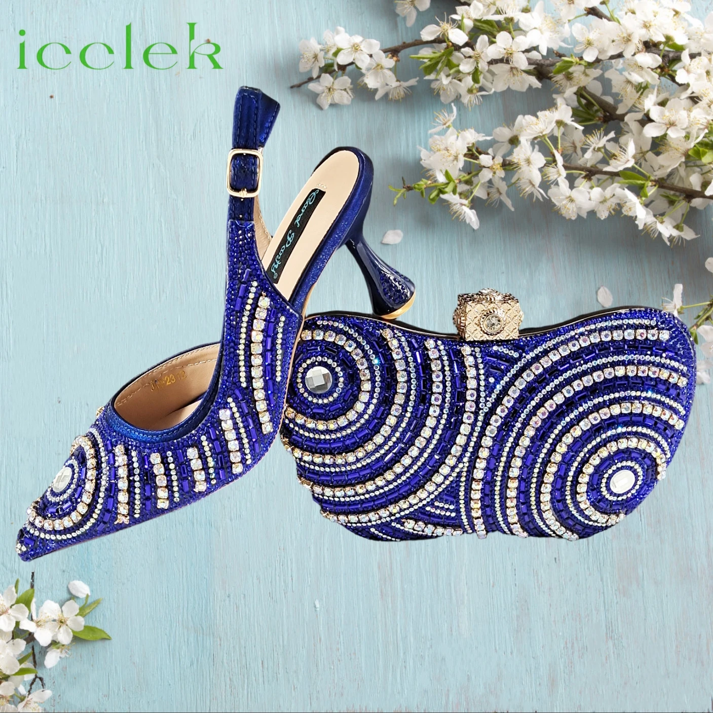 

Royal Blue Elegant Rhinestone Pointed Toe High Heels Shoes with Handbag Set for Women Perfect Weddings Parties and Formal Events