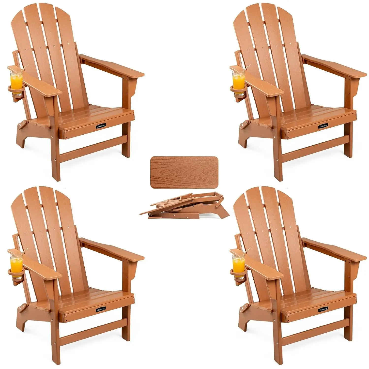 Oversized Folding Adirondack Chair 4PCS, 400LBS HDPE Wood-Grain Stable Leg All Weather UV Shield Cup Holder Outdoor, Customized