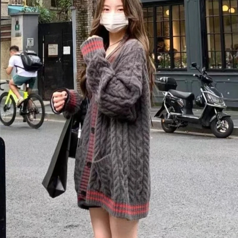 Cardigan à manches longues pour femme, pull-over, col en v, boutons, ample, élégant, tricoté, Style Preppy, tricot avec poches, mode automne hiver