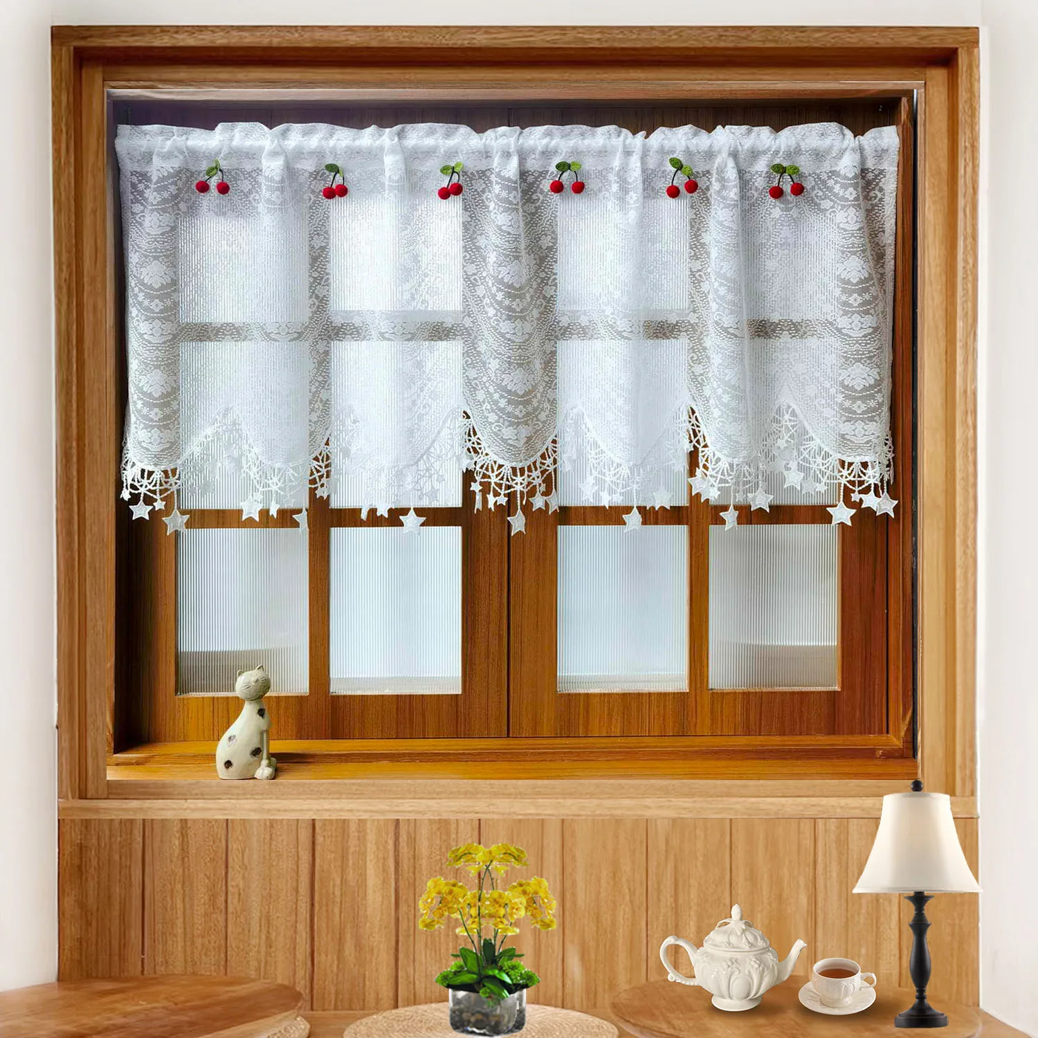 Kitchen Curtains Are Beautiful French Countryside Tulle With Cherry Star Pendant And Special Design Of Lace White Short curtain