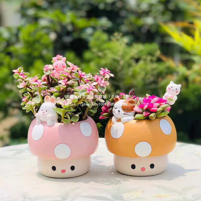 

Cute Succulent Planters - Pink Mushroom Rabbit Panda Cat Design, Desktop Pot for Kindergarten Office Home Decor