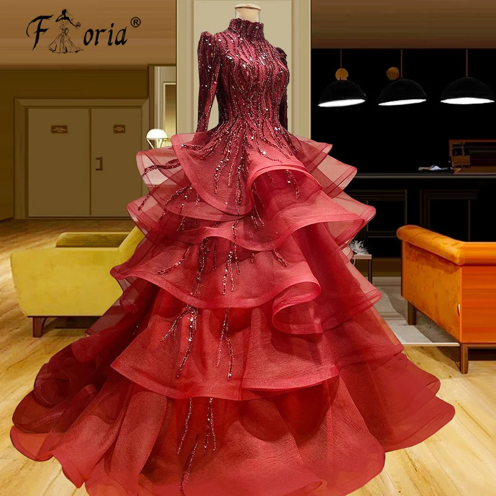 2022 Charming Dubai Red Muslim Mermaid Formal Party Gowns Long Sleeve Evening Dresses A Line Layer Cake Dress Turkey Robes