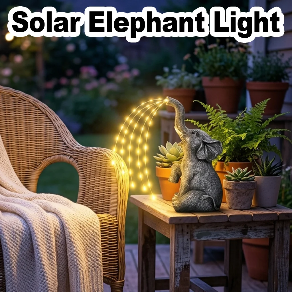 Elephant Statue Solar Light Outdoor Waterproof Resin Balcony Decor Figurine LED Garden Landscape Animal Shaped Art Ornament Lamp