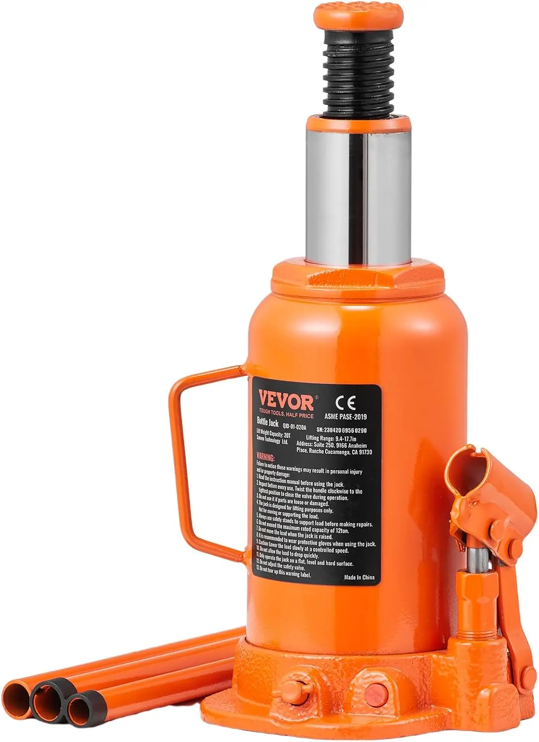 Hydraulic Bottle Jack, 20 Ton/44092 LBS All Welded Bottle Jack, 7.5-14 inch Lifting Range, with 3-Section Long Handle