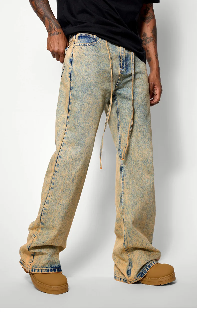 2025 Men's Post-Apocalyptic Washed Jeans-Distressed Vintage Bell Bottom Pants, American Retro Wide Leg Streetwear Denim
