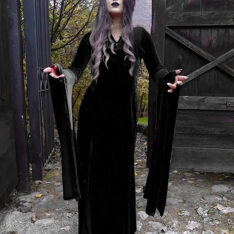 Dames Gothic Kanten Lange Jurk Met Lange Mouwen En Lange Slit Jurk Halloween Kostuum