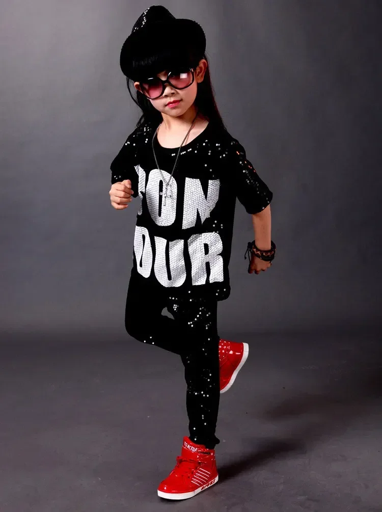 Girls Boys Sequins Modern Jazz Dance for Girl Outfits Tops Pants Ballroom Hip Hop Dancing Suit kids Stage wear Costumes Clothing