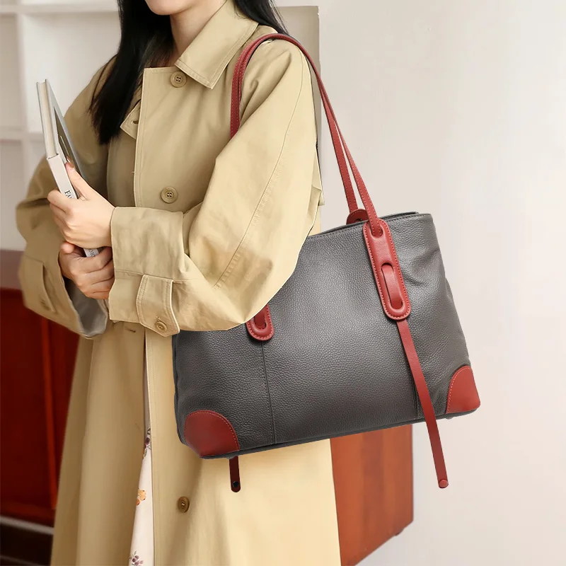 

Aidrani Minimalist color blocking women's large capacity underarm shoulder bag, soft cowhide material, gray