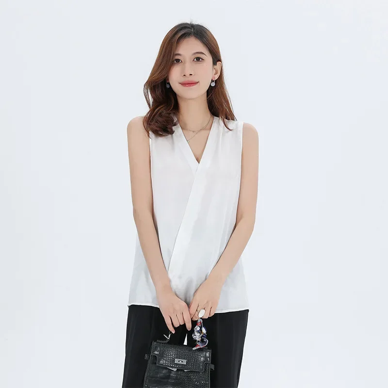 

2024 Summer V-neck 22mm Real Silk Heavyweight Sleeveless Shirt Women's White Tank Top Office Lady Silk Top 100% Mulberry Silk