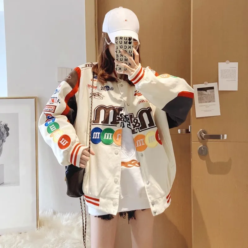 Bomber Jacket Women Hip Hop Letter M&M Embroidery Motorcycle Loose Casual Coat Unisex Street Racing Varsity Baseball Outwear