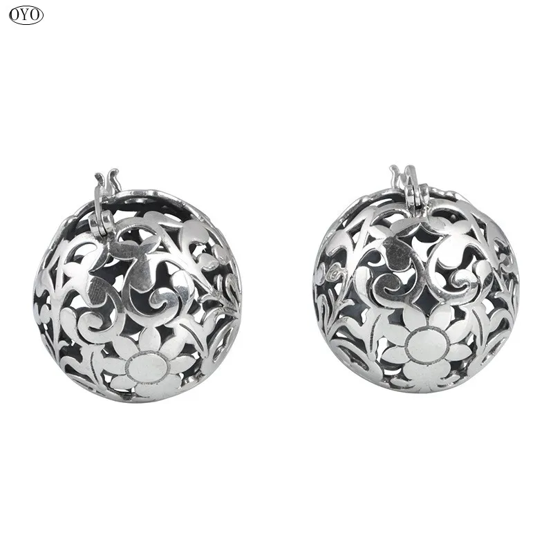 100% S925 Sterling Silver Vintage craft hollow out round ball  Tang grass pattern women's style Earrings