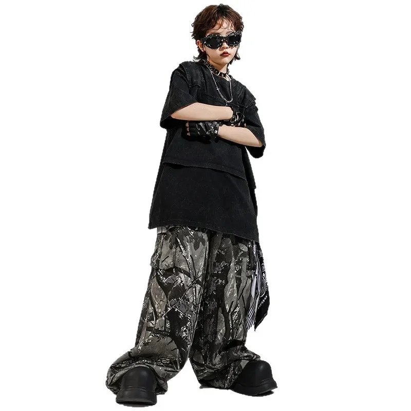 Pantalones deportivos para niños, traje de baile callejero para escenario, disfraz de niña para niños, traje de actuación para estudiantes de breakdance, Camiseta corta de mezclilla