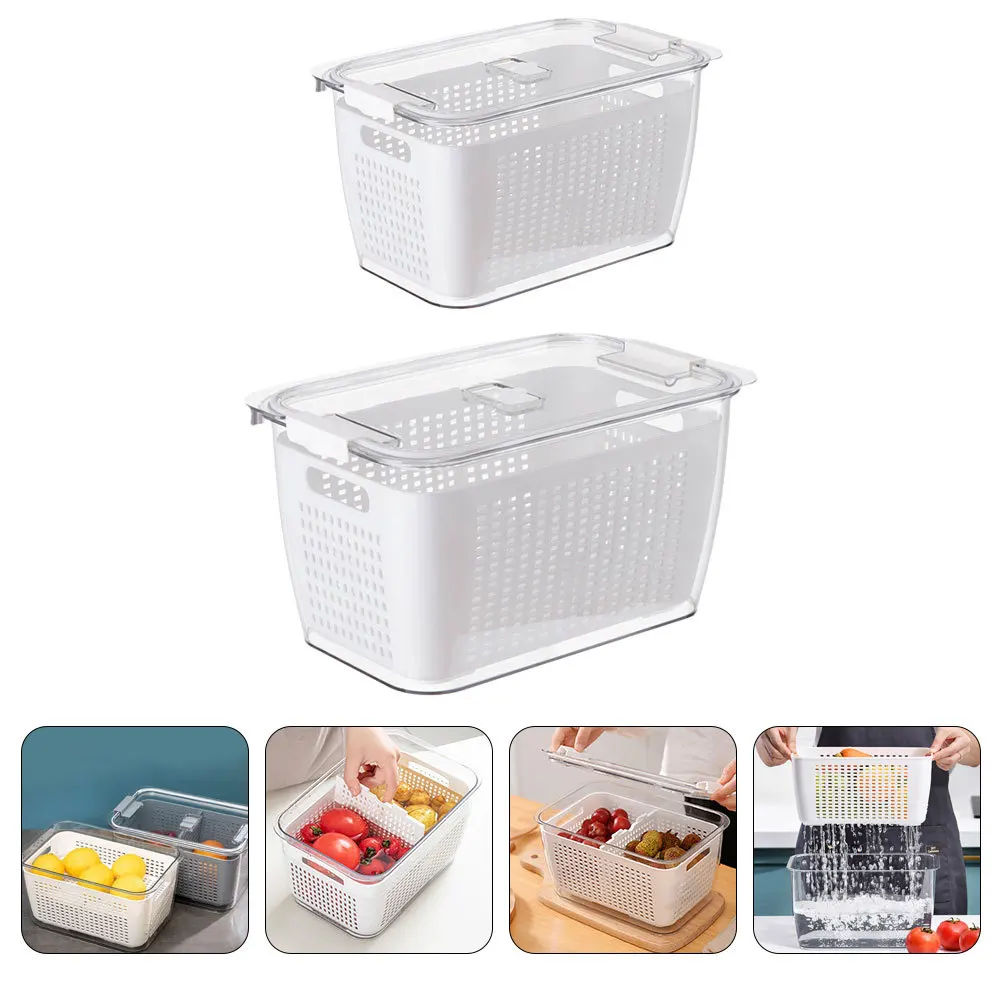 

2Pcs Fridge Fruit Vegetable Organizer Multi-Functional Kitchen Draining Basket Refrigerator Storage Box Fresh Keeping Container