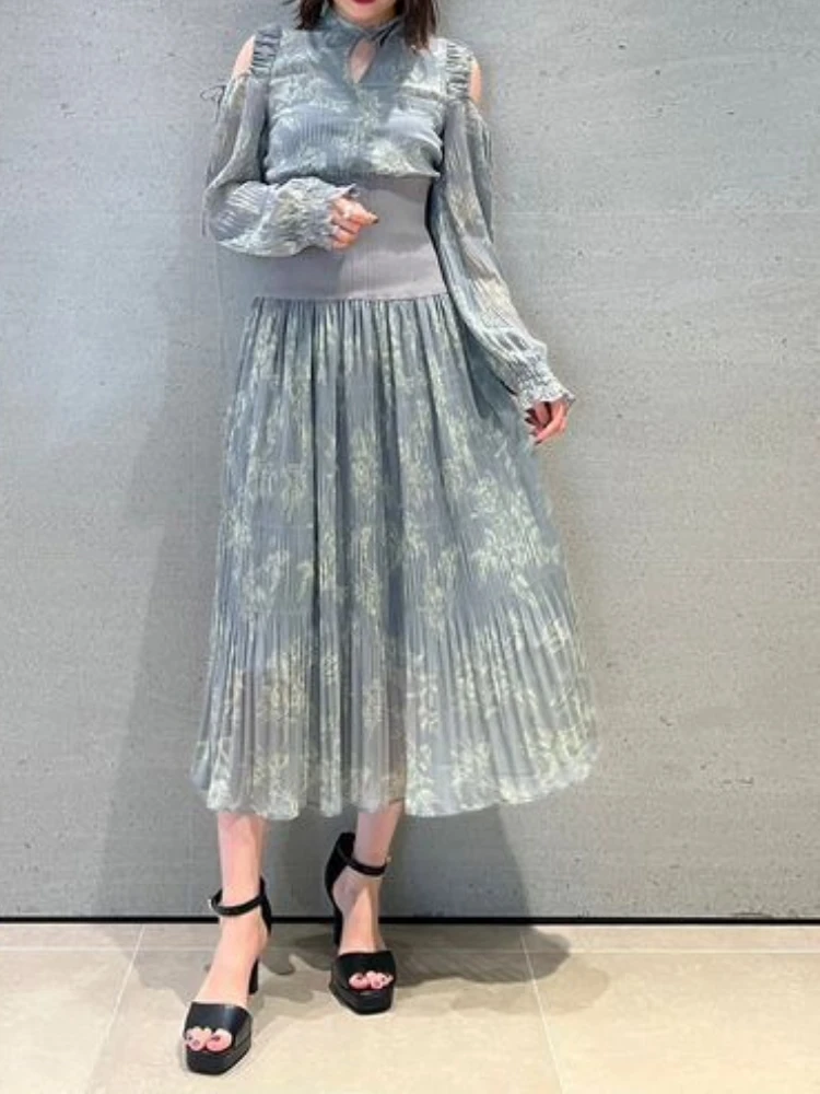 

Sweet Off Shoulder Lantern Sleeve Pleated Dress Women Sweet Lace-up Printed Knit Pactwhork Slim Wasit Robe 2024 Japan Vestidos