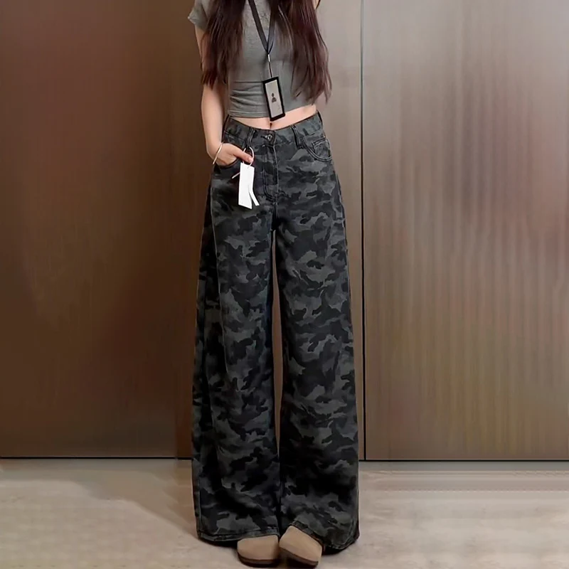 

High Waist Camouflage Jeans for Women Y2K Retro Popular Wide Leg Denim Pants Spring Autumn American Streetwear Denim Trousers