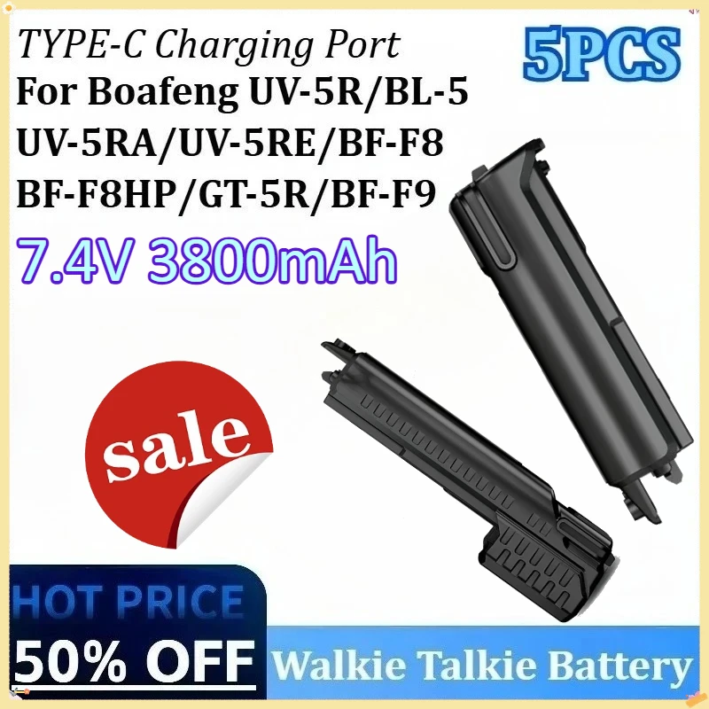 

New 5PCS 7.4V 3800mAh Walkie Talkie Battery for Boafeng UV-5R BL-5 UV-5RA UV-5RE BF-F8 GT-5R BF-F8HP BF-F9 with Type C Charger