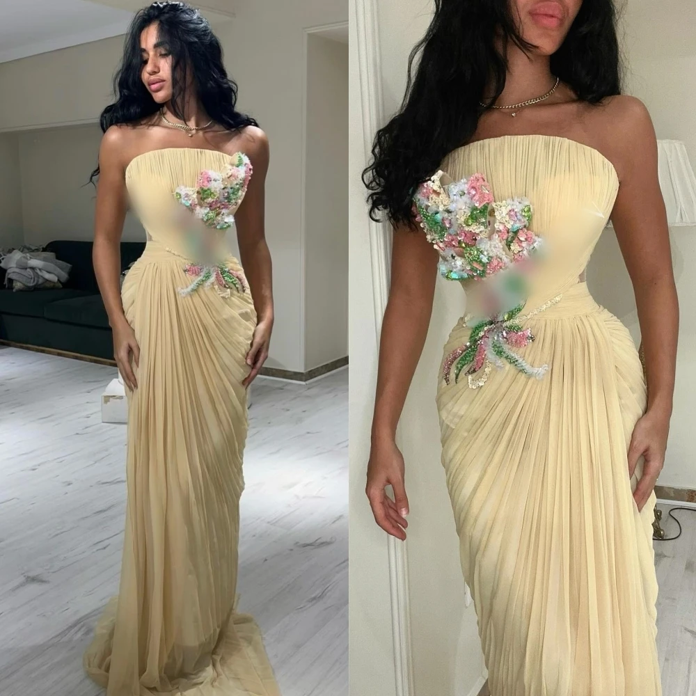 Customized  Saudi Arabia Jiayigong High Quality Exquisite Strapless Mermaid Prom es Beading Flower S Custom