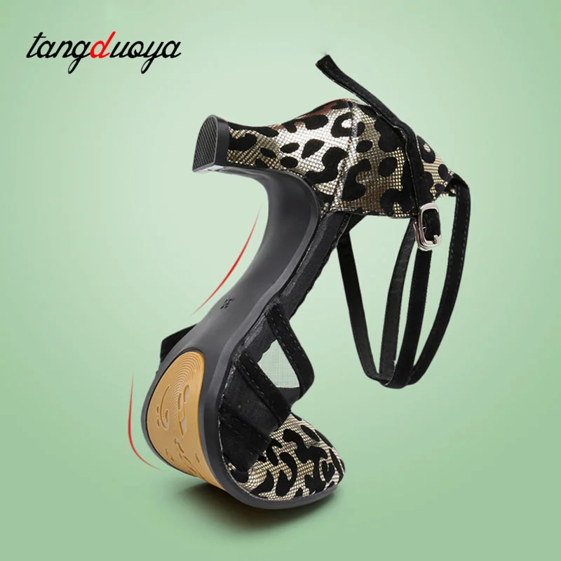 Zapatos de baile con estampado de leopardo para mujer y niña, calzado de salón latino, moderno, para práctica de Salsa, Punta cerrada, cuadrado