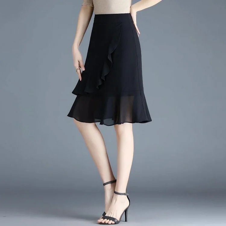 Black Asymmetrical Fish Tail Skirt Women's Summer High Waist A-Line  Skirt Cover Hip Half-length Skirt Chiffon Material