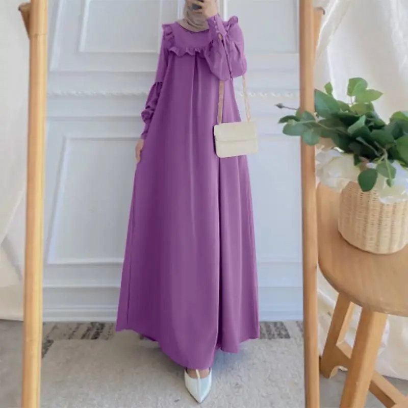 2023 Eid Muslim Robe Women Solid Color Long Sleeve Dress Kaftan Dresses Jalabiya Ramadan Abayas Caftan Elegant Vestidos