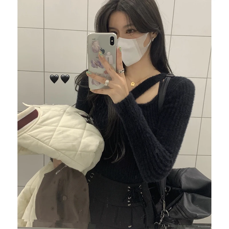 

Пушистый длинный вязаный топ с асимметричным краем для женщин, весна-осень 2024, теплый, в корейском стиле