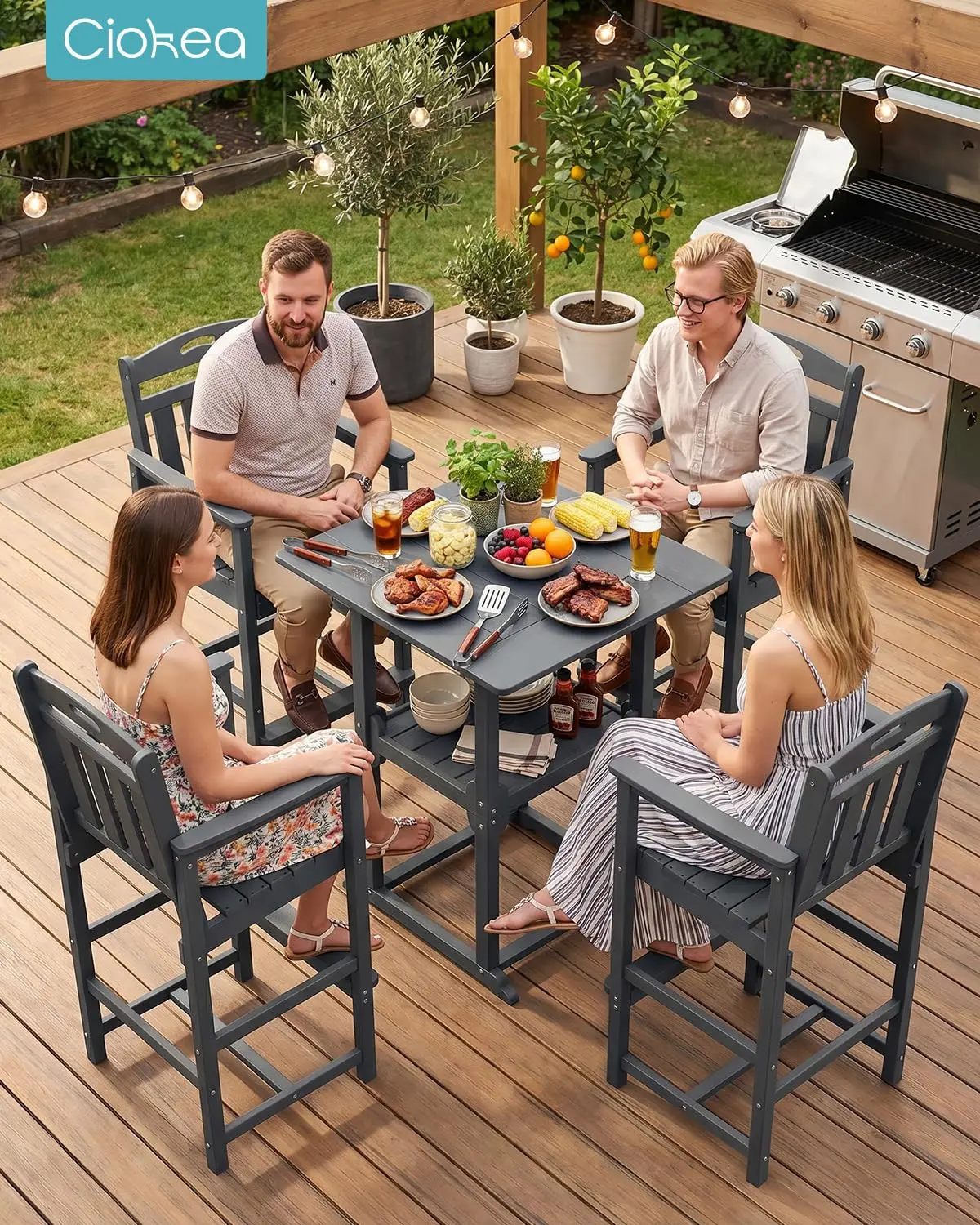 Outdoor Bar Table Set with Storage & 4 Adirondack Chairs, Heavy Duty Patio Furniture for Backyard Deck, Dark Grey, Customized