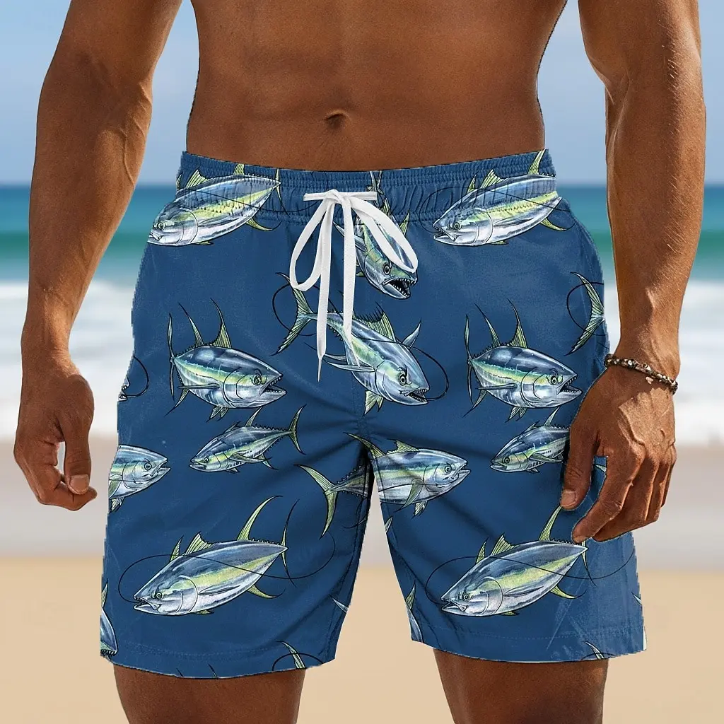 Men's Spring Summer 3D Printed Drawstring Shorts, Dark Blue Tuna Sea Fish Realistic Fishing Style Print Casual Vacation Bottoms