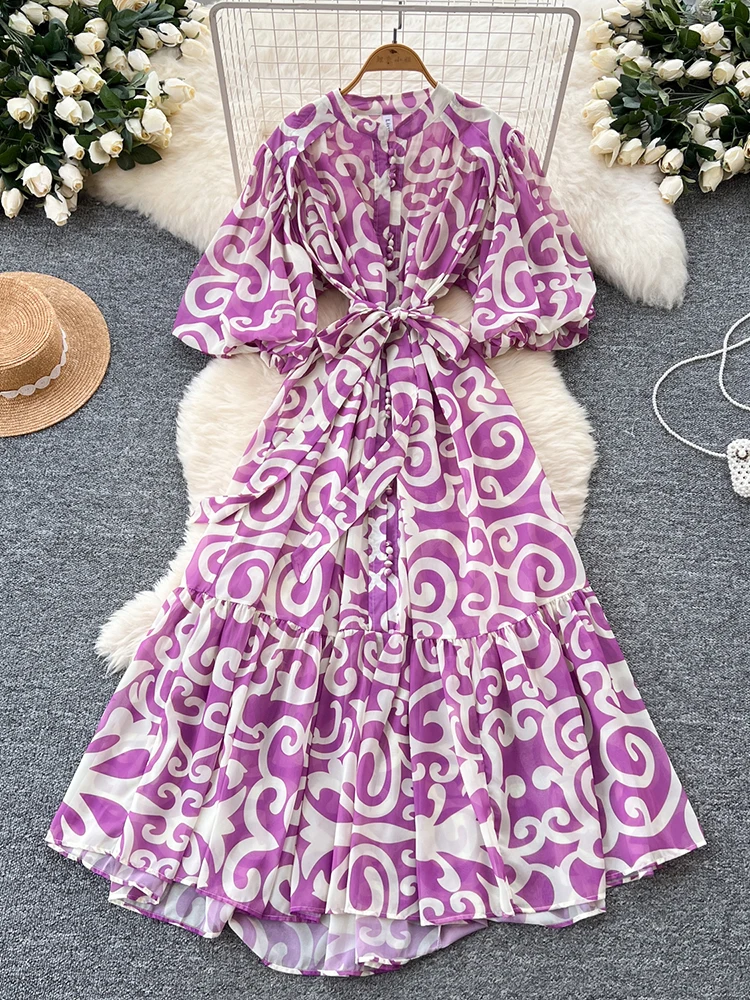 Zomer Franse chiffon jurk met korte mouwen voor dames Strandvakantie Single Breasted Lantaarn Mouw Gedrukt Lange Jurk Vrouwelijke J61