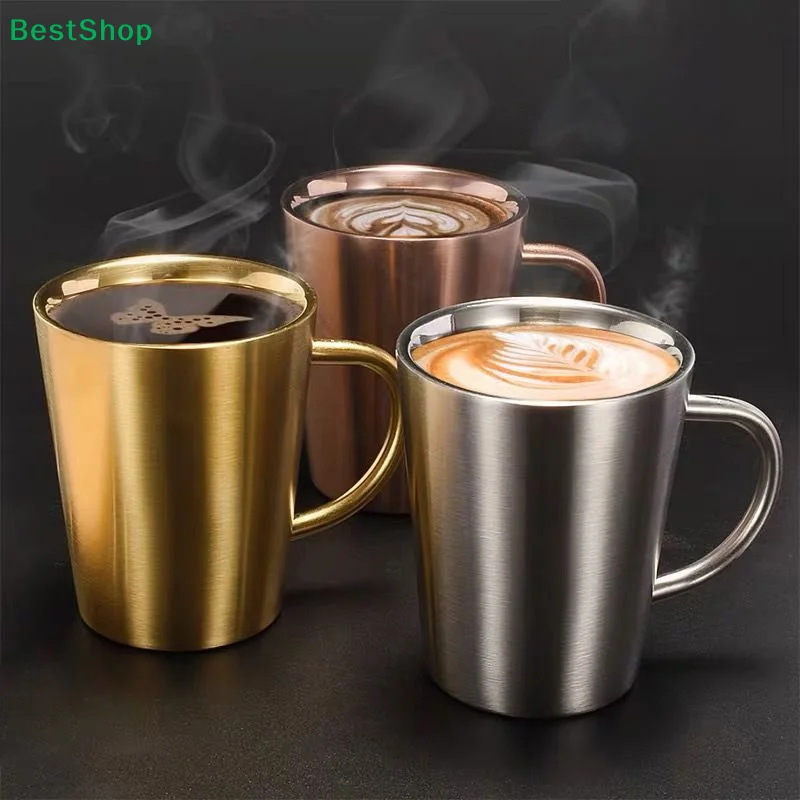 ★300ml Double-Layer Water Cup Home Dining Drinkware Mugs 304 Stainless Steel Beer Cup Gold Sliver Coffee Mugs With Handle