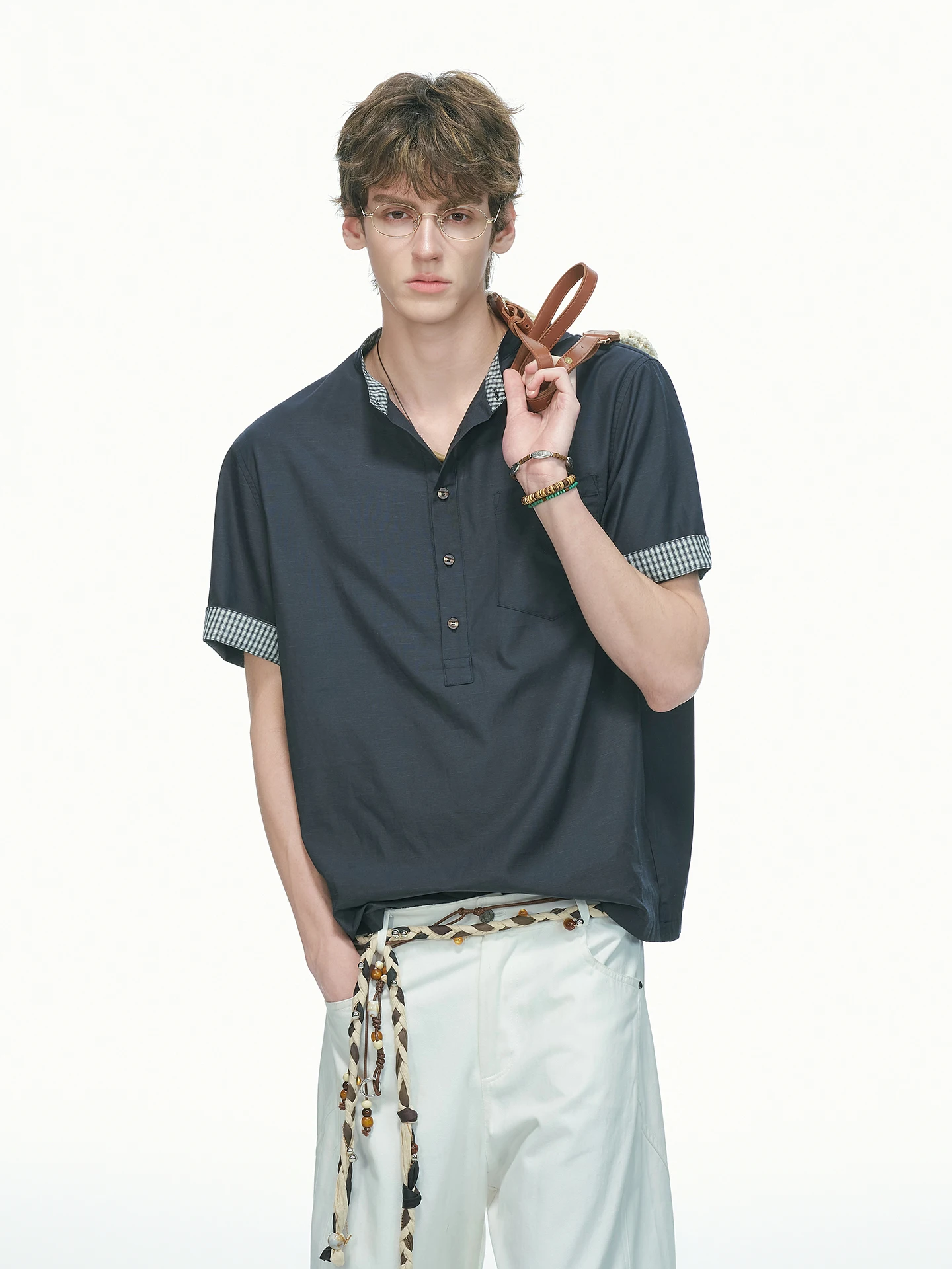 Men's Summer Short Sleeve Shirt  Plaid Henry Collar Dream Made Youth Fashion Breathable Comfortable Lycell Fiber Blend