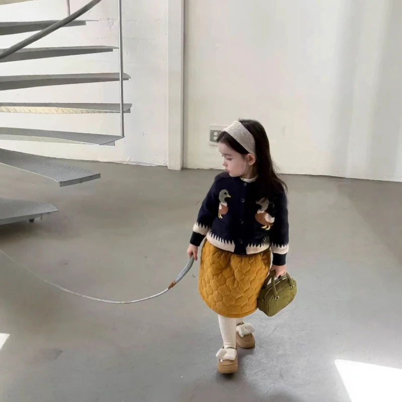 2026 Hot Winter Girls' Duck Pattern Knitted Warm Sweater Jacket and Diamond Grid Cotton Half Skirt Set