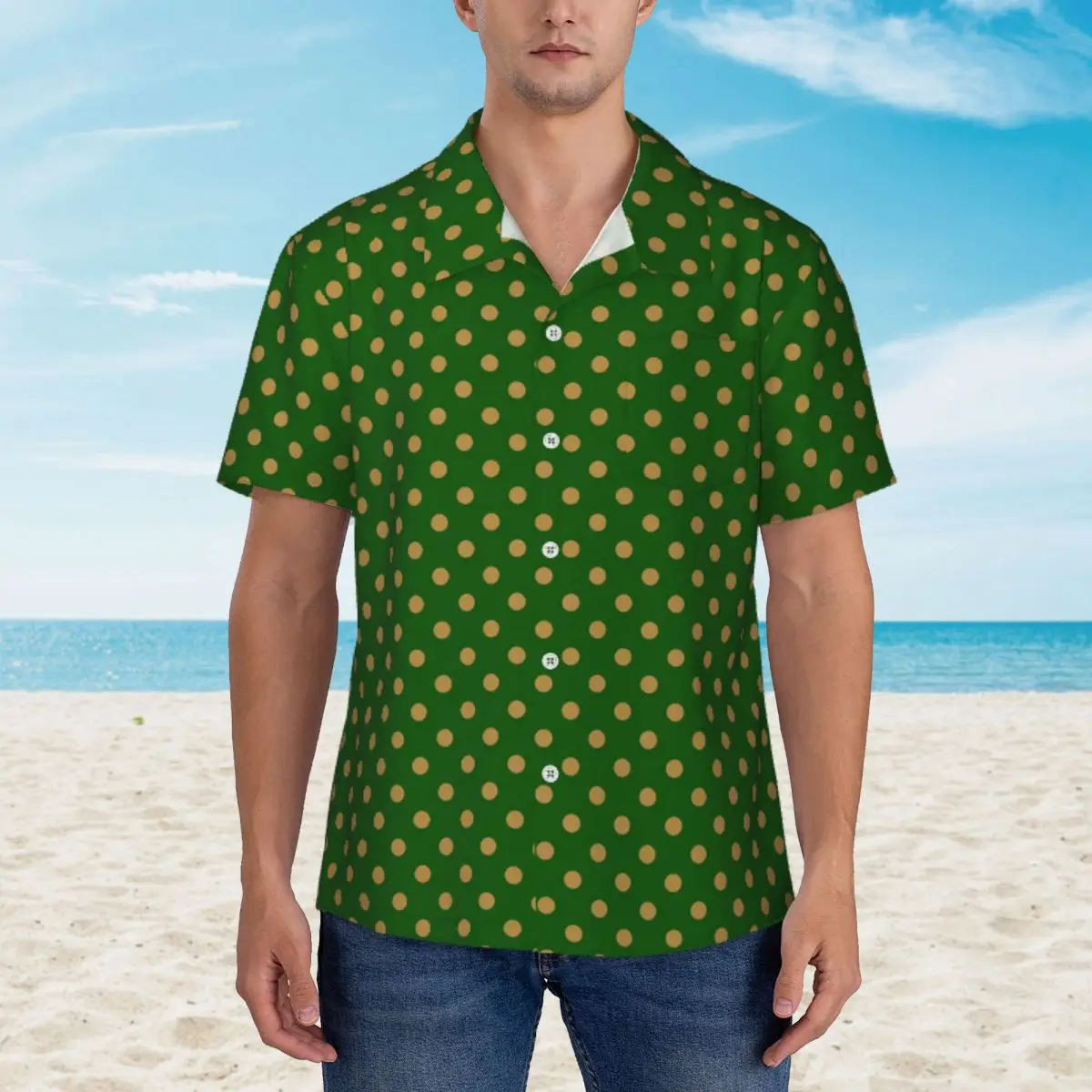 

Summer Shirt Vacation Gold Dot Blouses Festive Polka Dots Vintage Casual Shirts Men Short Sleeves Street Style Clothing