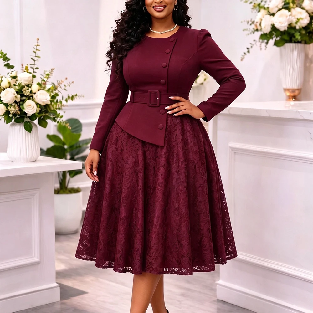 JENYAGE Damen Einfarbiges, schlichtes, langes Kleid mit Rundhalsausschnitt, Gürtel, Peplum-Spitzenrock, A-Linie, formelles Kleid für Hochzeitsgäste und Partys – Detail 4