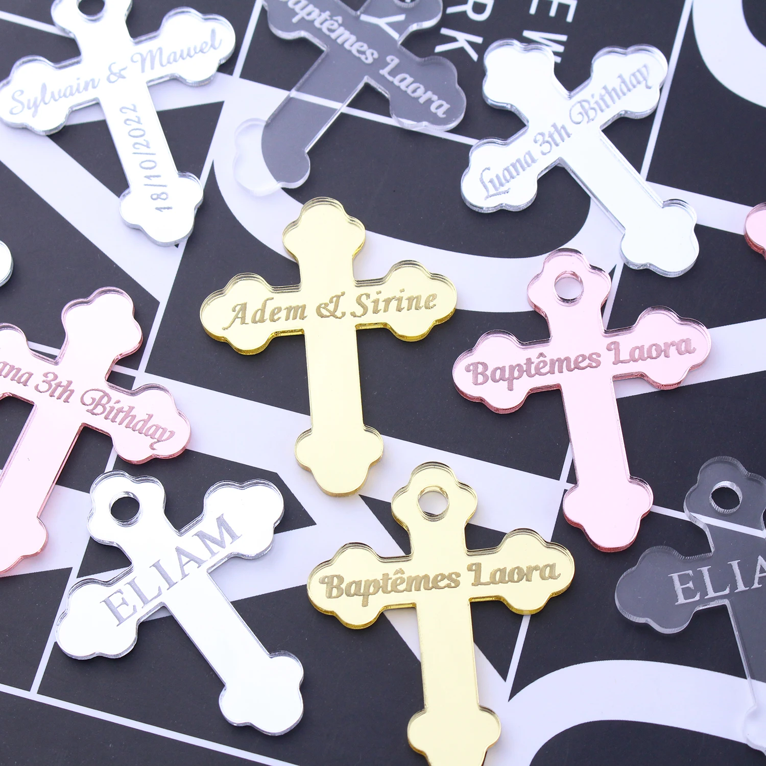 30Pcs Personalized Engraved Gold Mirror Cross Birthday Party Decoration for Weddings Baby Baptism & Prayer Custom Cross Pendants