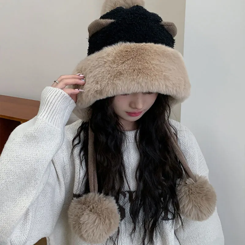 New Winter Warm Knitted Hats Women Plush Fluffy Thicken Warm Fur Beanie Hat Cute Cartoon Bear's Ears Two Balls Ear flap Cap 2023