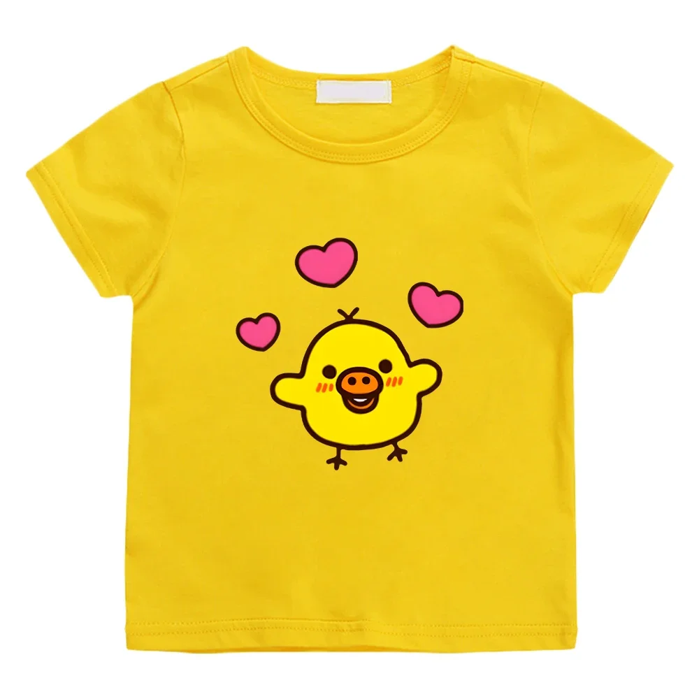 Kids Yellow Short Sleeve T Shirt Cute Little Chick With Pink Hearts Graphic Print Crew Neck Boys Girls Summer Casual Tee