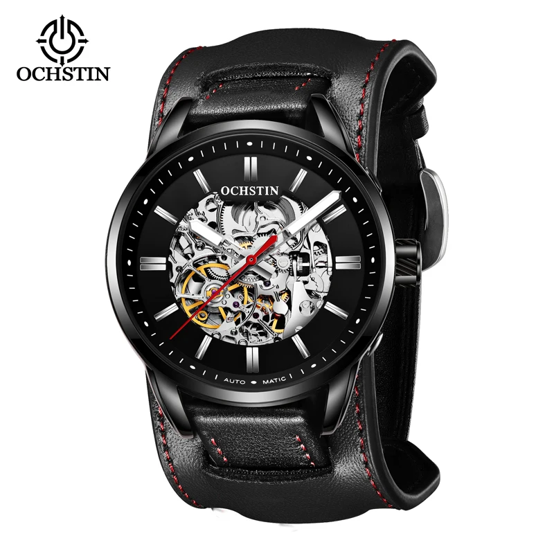 

OCHSTIN Brand Mechanical Watch Men Skeleton Steampunk Hand Wind Movement Black Genuine Bracers Leather Wristwatches Reloj Hombre