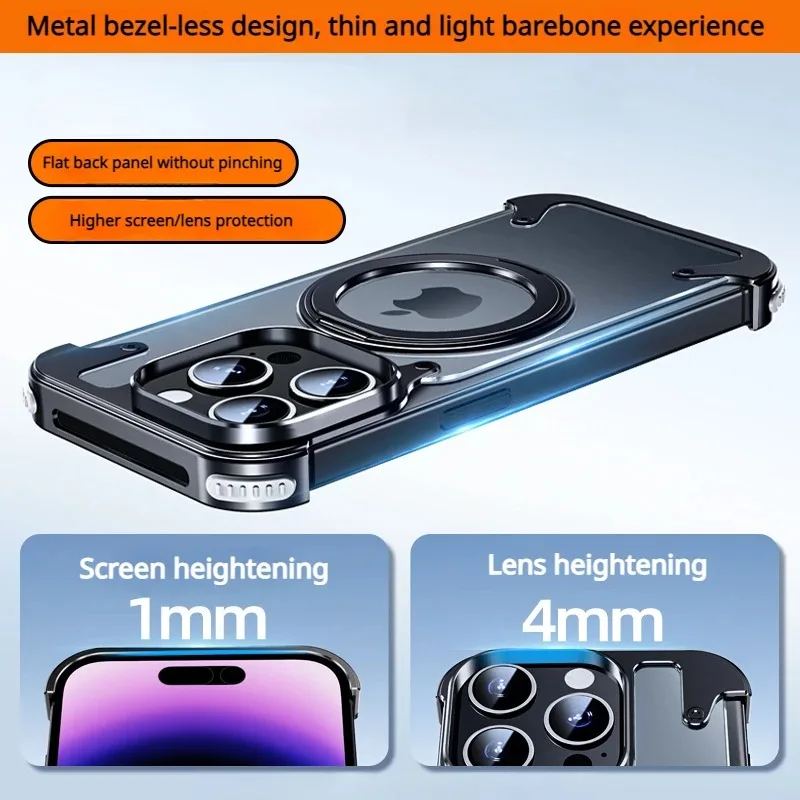 Capa de telefone Eary sem moldura para iPhone 15 Pro com 360 ° Suporte giratório para proteção magnética à prova de choque sem moldura Magsafe