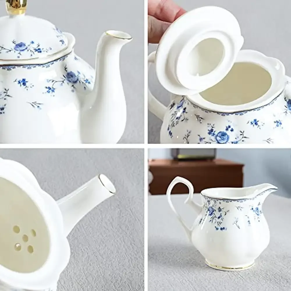 British Floral Porcelain Tea Set 15 Piece with Blue Rose Pattern Teapot Sugar Bowl Milk Jug Tea Cups Elegant Women Tea Party Set