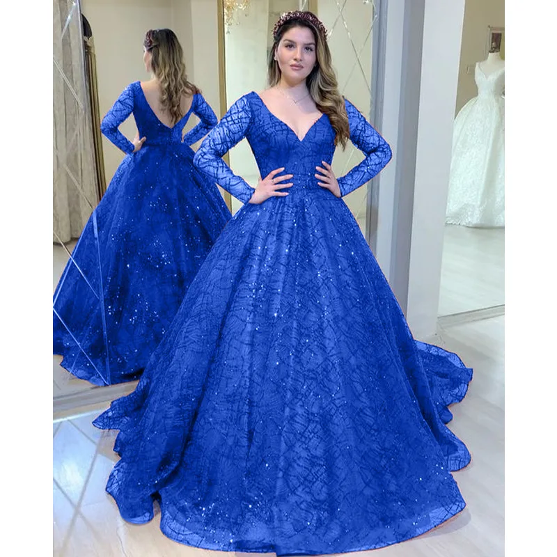 Green Shinny Wedding Party Dresses 2023 Lady V Neck Long Sleeve Mother of The Bride Dress Blue Formal Evening Vestido Ball Gown