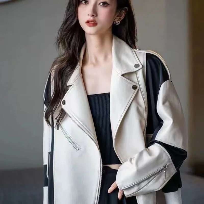 Leather Jacket Woman Black White Lapels Short Jacket Autumn Winter 2025 New Spliced Zipper Long Sleeves Coat Casual Slimming Top