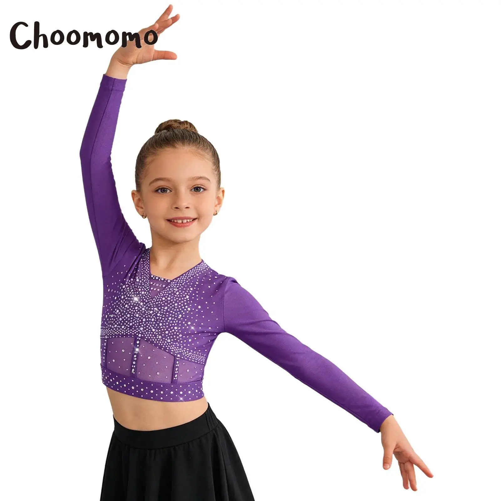 

Kids Girls Gymnastics Dance Top Long Sleeve Sheer Mesh Shiny Rhinestones Crop Tops Lyrical Ballroom Ballet Skating Performances