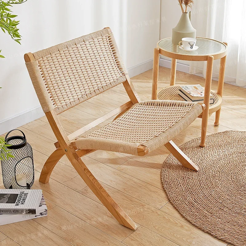 

Folding sofa chair recliner solid wood rattan sofa chair balcony homestay designer backrest home leisure chair