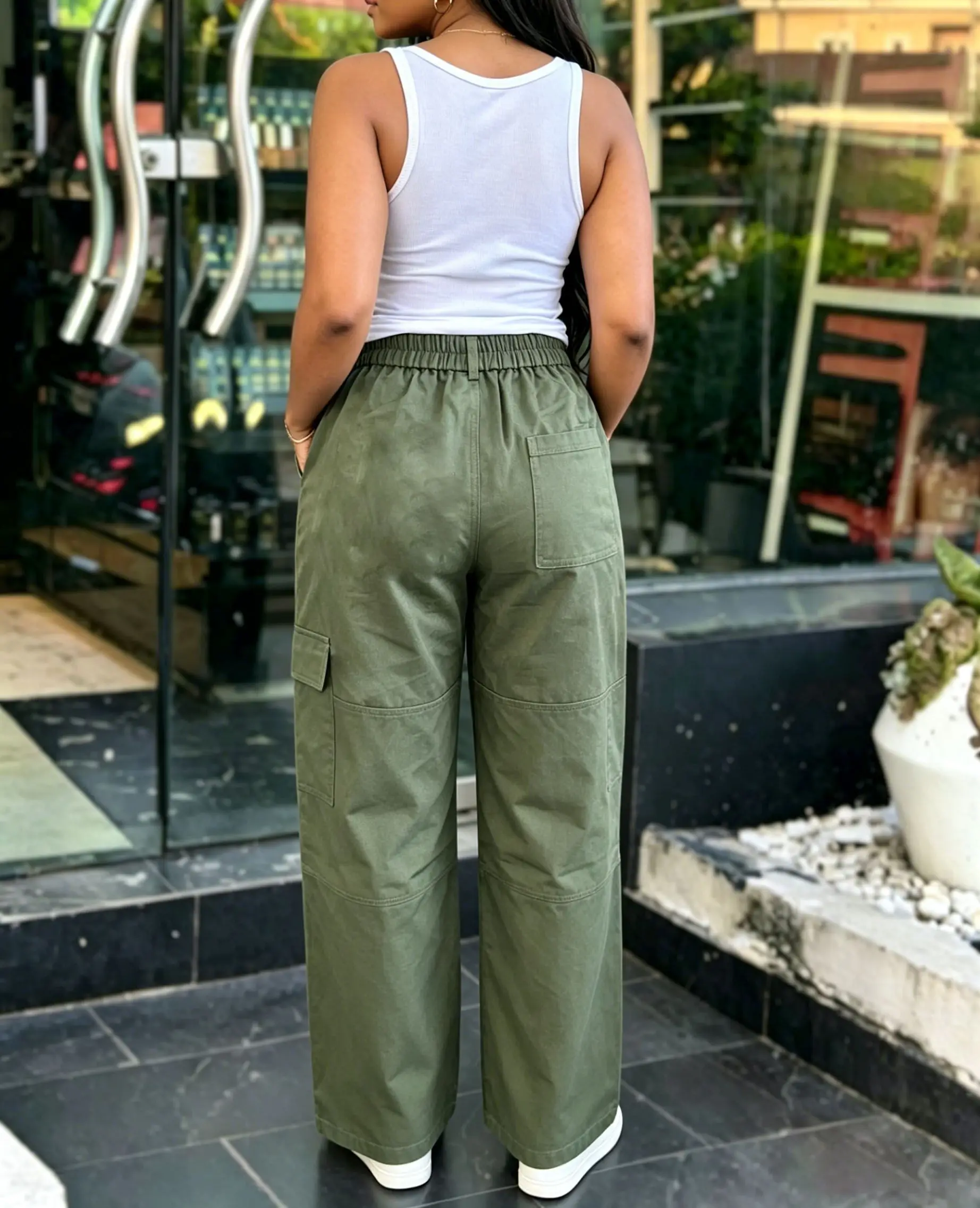 Women Army Green Street Style Elastic Waist Multi Pocket Y2K Comfort Simple Cargo Pants for Daily