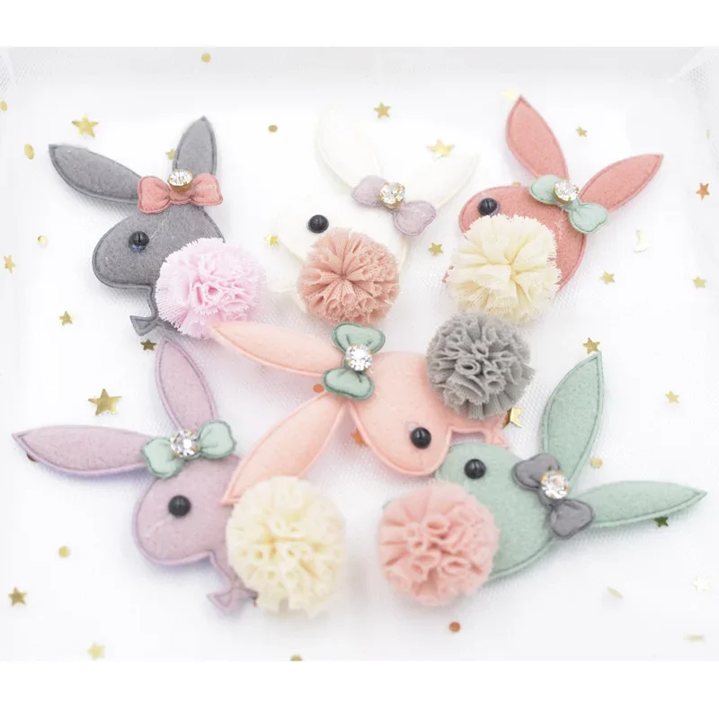 Plush Fabric Patch Bow Tie Rhinestone Chiffon Ball Cartoon Rabbit Applique for Clothing Craft Sticker DIY Hair Decor