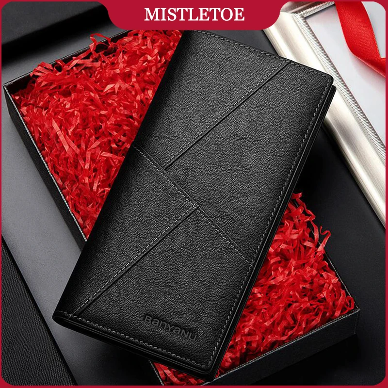 Men Long Credit Card Purse Cowhide Genuine Leather Money Clip Business Anti RFID Wallet for Men